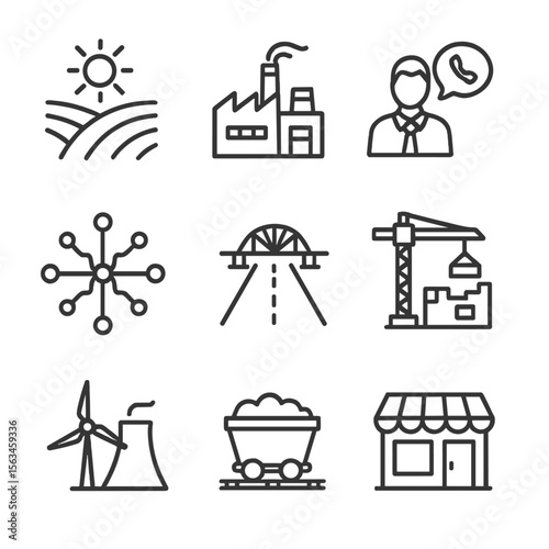 Economy Sectors Icons. Line style icons of national economy sectors: agriculture field, manufacturing plant, services symbol, tech