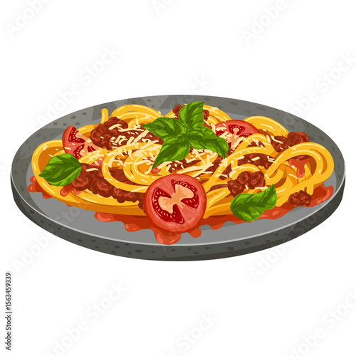 Cartoon vector illustration of pasta bolognese with minced meat, parmesan cheese, tomato, basil. Hand drawn food art for menu design, culinary ads, recipe visuals, stickers, food packaging