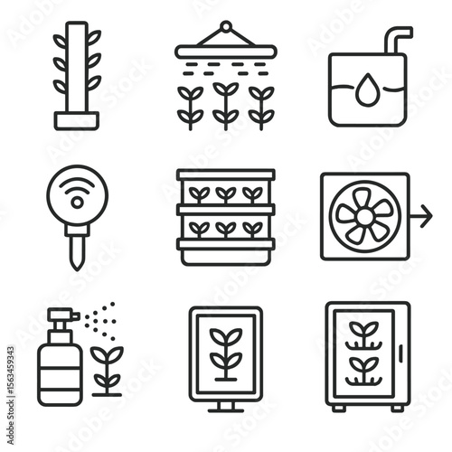 Vertical Farming Icons. Line style icons of vertical farming tech: hydroponic tower, LED growth lights, nutrient tank, sensor node