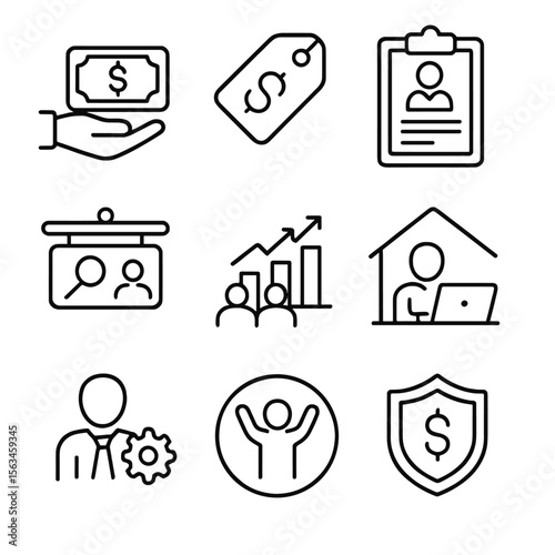 Employment Line Icons. Line style icons of employment and wages: salary payment icon, hourly wage tag, employment contract, job