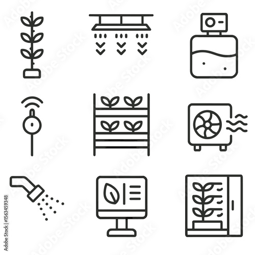 Vertical Farming Icons. Line style icons of vertical farming tech: hydroponic tower, LED growth lights, nutrient tank, sensor node