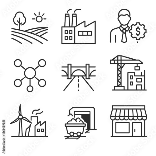 Economy Sectors Icons. Line style icons of national economy sectors: agriculture field, manufacturing plant, services symbol, tech