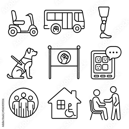 Disability Support Icons. Line style icons of disability support: mobility scooter, accessible bus icon, prosthetic limb, service