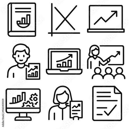 Economics Icon Set. Line style icons of economic education: economics textbook, supply and demand graph, economic theory board,