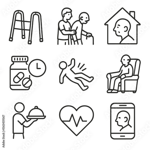 Elderly Care Line Icons. Line style icons of elderly care: walking aid, caregiver with elder, home visit, medicine reminder, fall