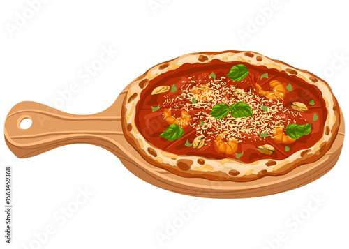 Seafood pizza with shrimps, mussels, cheese, basil and tomato paste on a wooden board. Vector hand drawn cartoon Italian food for restaurant, menu, branding, stickers