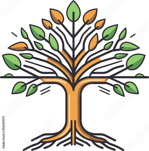 Stylized Tree with Roots and Leaves Illustration for Nature-Themed Designs