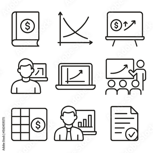 Economics Icon Set. Line style icons of economic education: economics textbook, supply and demand graph, economic theory board,