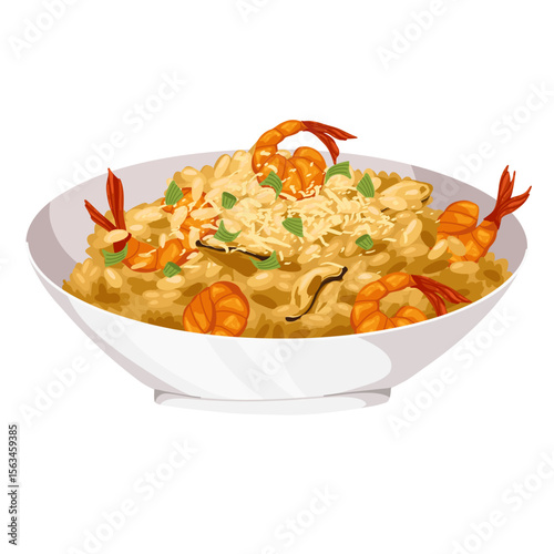 Italian risotto with seafood, shrimp, mussel, Parmigiano Reggiano cheese. Isolated vector hand drawn illustration for restaurant, menu, packaging, cooking projects, stickers, culinary