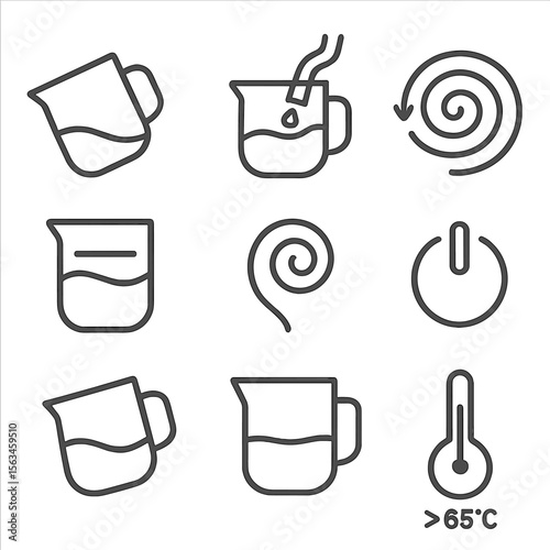 Milk Frothing Icons. Line style icons of correct milk frothing: angled jug, steam tip position, vortex motion, froth level