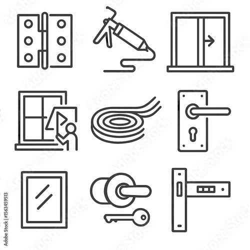 Doors and Windows Icons. Line style icons of doors and windows: door hinge, window sealant, sliding door, window replacement,