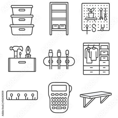 Home Organization Icons. Line style icons of home organization: storage bins, shelf unit, pegboard wall, tool drawer, cable