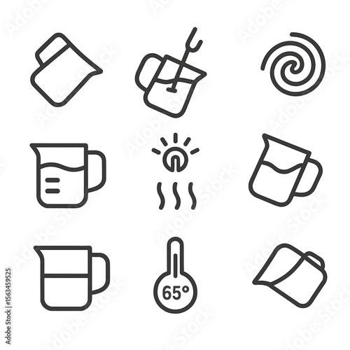 Milk Frothing Icons. Line style icons of correct milk frothing: angled jug, steam tip position, vortex motion, froth level