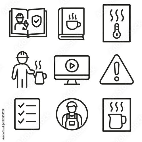 Milk Safety Icons. Line style icons of milk safety education: safety instructions icon, barista training manual, milk temp poster,