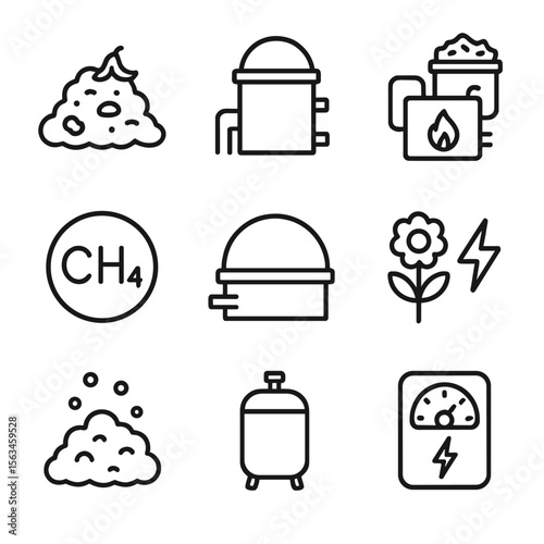 Biomass Energy Icons. Line style icons of biomass energy conversion: organic waste pile, anaerobic digester, biomass boiler,