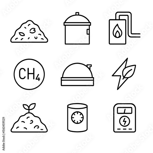 Biomass Energy Icons. Line style icons of biomass energy conversion: organic waste pile, anaerobic digester, biomass boiler,