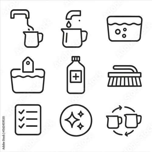 Cleaning Process Icons. Line style icons of correct cleaning process: steam wand flush, milk pitcher rinse, soak container, daily