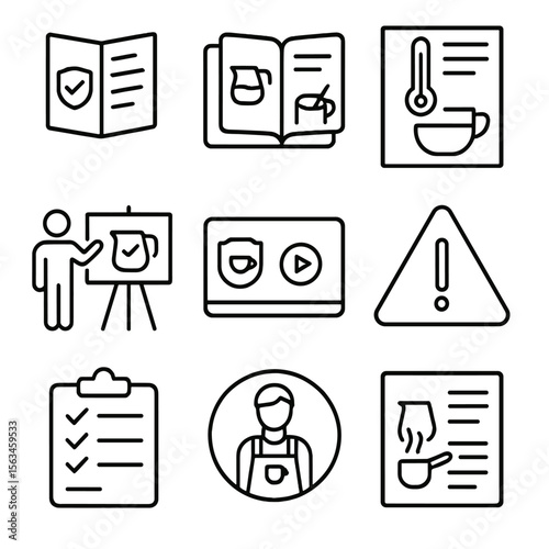 Milk Safety Icons. Line style icons of milk safety education: safety instructions icon, barista training manual, milk temp poster,