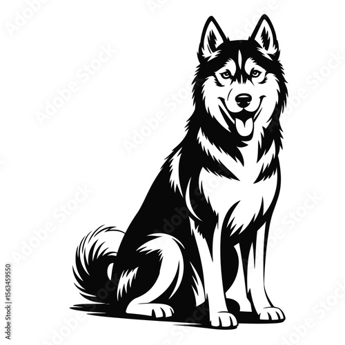 Black and white vector illustration of a sitting husky dog silhouette in profile
