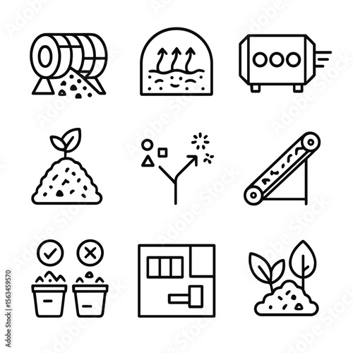 MBT Process Line Icons. Line style icons of mechanical-biological treatment (MBT): waste sorter drum, bio-drying tunnel, air