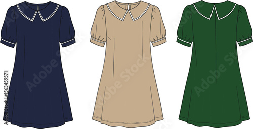 Flat vector technical fashion sketch of girls’ puff sleeve dresses, front and back view, CAD drawing for apparel design