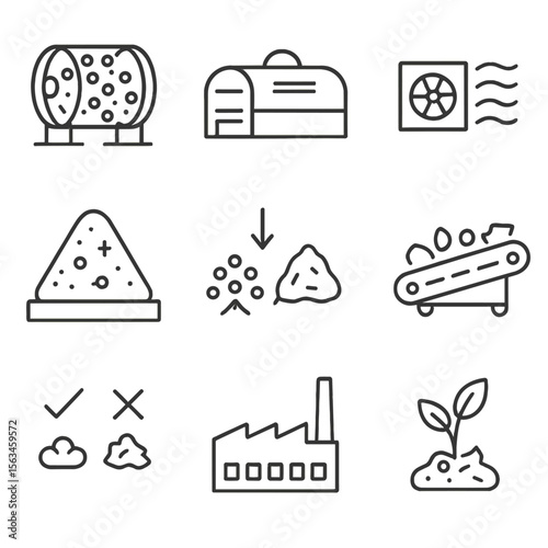 MBT Process Line Icons. Line style icons of mechanical-biological treatment (MBT): waste sorter drum, bio-drying tunnel, air