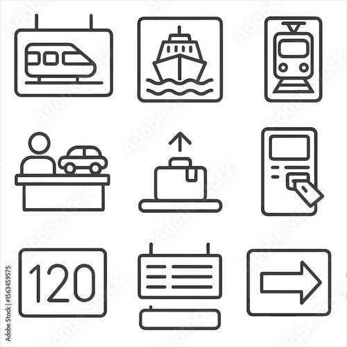 Transport Hub Icons. Line style icons of transportation hub signage: train station sign, ferry terminal icon, tram route board,