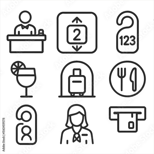 Hotel Icon Set. Line style icons of hotel and hospitality signs: reception desk icon, elevator floor sign, room number plate, do