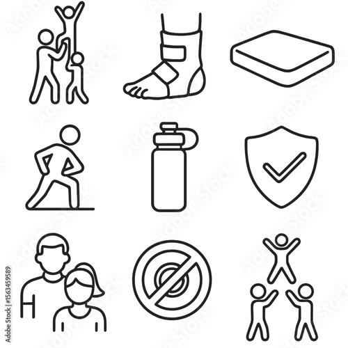 Cheerleading Safety Icons. Line style icons of cheerleading safety: spotter position, ankle brace, safe mat icon, warm-up icon,