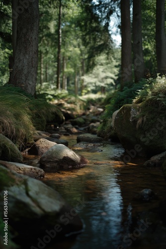 Tranquil forest stream flowing through moss-covered rocks and trees