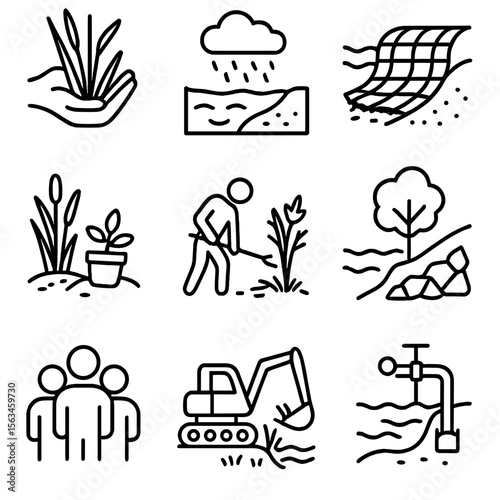 Wetland Restoration Icons. Line style icons of wetland restoration work: planting reeds, rewatering land, erosion control mat,