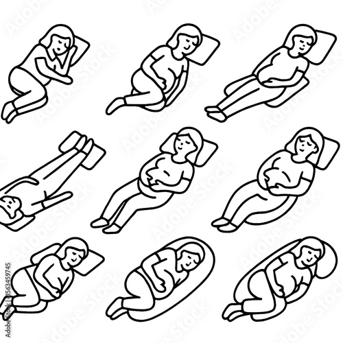 Pregnancy Sleep Positions. Line style icons of sleep positions during pregnancy: left-side sleep, knee pillow support,