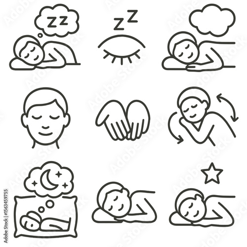 Dream Icons Collection. Line style icons of sleep positions and dreams: dreaming sleeper, REM sleep icon, position with dream