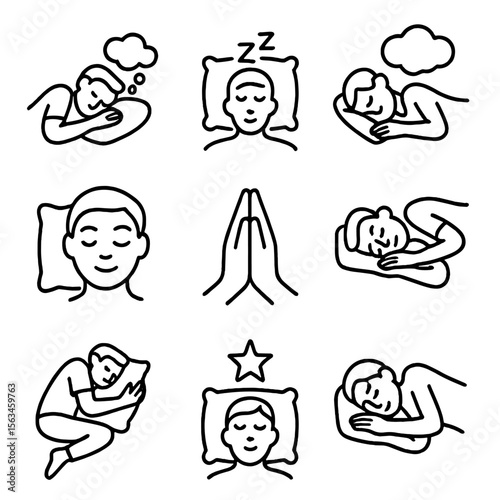 Dream Icons Collection. Line style icons of sleep positions and dreams: dreaming sleeper, REM sleep icon, position with dream