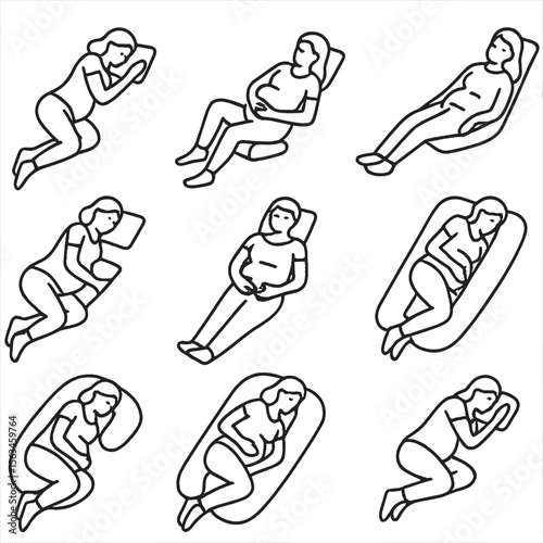Pregnancy Sleep Positions. Line style icons of sleep positions during pregnancy: left-side sleep, knee pillow support,