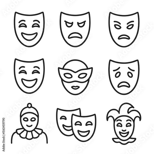 Theater Mask Icons. Line style icons of theatrical emotion masks: comedy mask, tragedy mask, angry stage mask, joyful performance