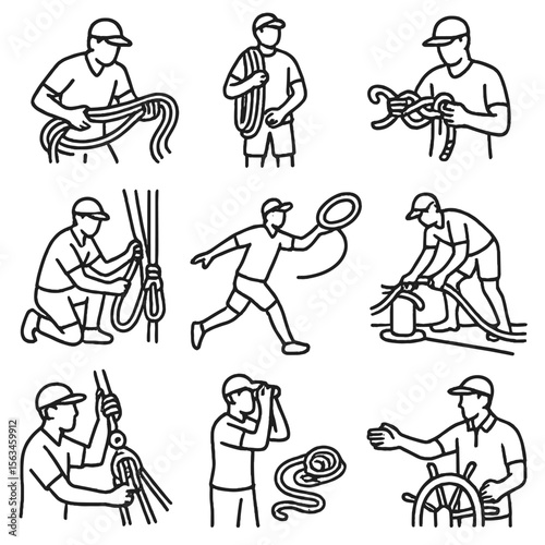 Sailing Team Icons. Line style icons of sailing team and rope roles: rope handler, deckhand with rope, knot master, rigging
