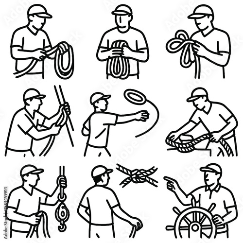 Sailing Team Icons. Line style icons of sailing team and rope roles: rope handler, deckhand with rope, knot master, rigging