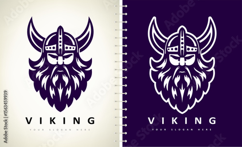Viking and anchor logo. Scandinavian sailors symbol. Nordic warrior design. Horned Norseman symbol. Barbarian man head icon with horn helmet and beard