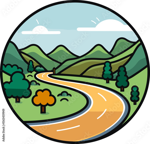 Scenic Mountain Road Landscape with Green Trees and Blue Sky