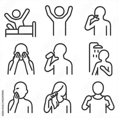 Morning Routine Icons. Line style icons of morning routine silhouettes: waking up in bed, stretching arms, brushing teeth, washing