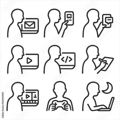 Digital Activity Icons. Line style icons of digital activities silhouettes: checking email, scrolling social media, replying