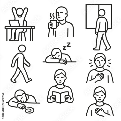 Relaxation Icons Collection. Line style icons of short break and relaxation silhouettes: stretching at desk, sipping tea, gazing