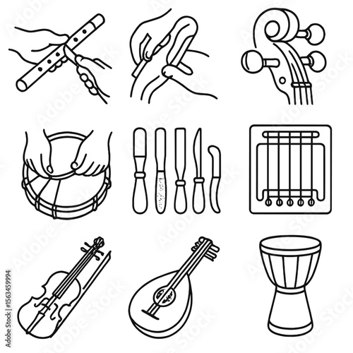 Musical Craftsmanship Icons. Line style icons of musical instrument making: crafting wooden flute, carving string instrument,