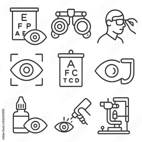 Vision Exam Icons. Line style icons of vision and eye exam: eye chart test, optometrist tools, glasses fitting, retinal scan,