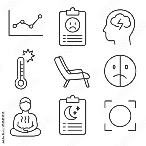 Mental Wellness Icons. Line style icons of mental wellness checkup: mood tracker chart, depression screening form, anxiety symbol,
