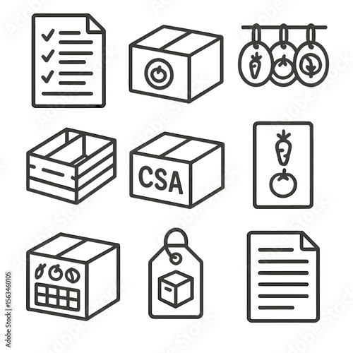 CSA Box Icon Set. Line style icons of CSA box labeling and organization: item list on paper, sticker on box, color-coded produce