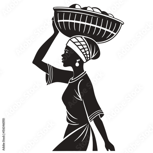 Elegant African Woman Silhouette: Carrying a Basket of Fruit