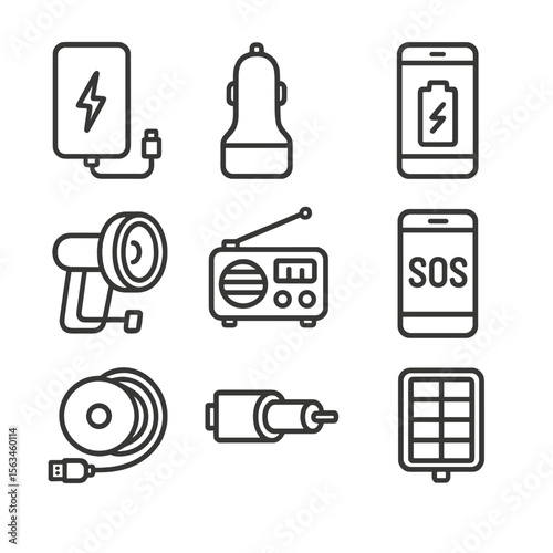 Emergency Power Icons. Line style icons of power and electronics in emergencies: power bank, USB car charger, backup phone,
