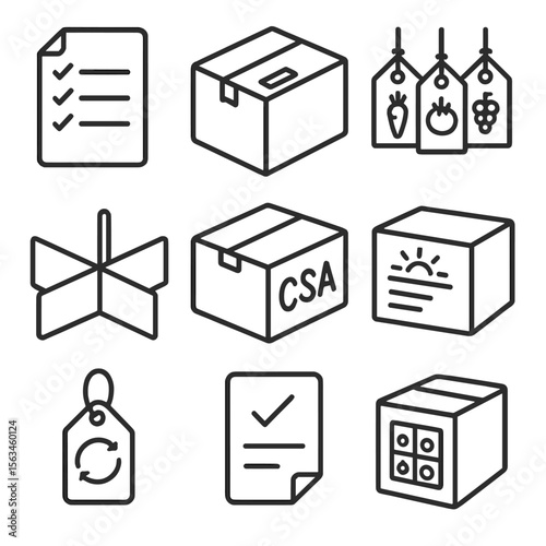 CSA Box Icon Set. Line style icons of CSA box labeling and organization: item list on paper, sticker on box, color-coded produce